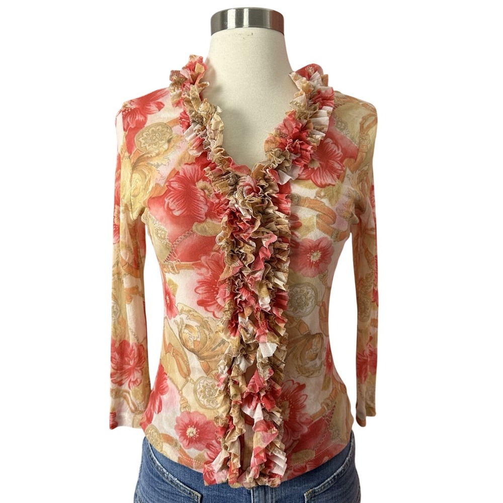 VTG Y2K Womens Ruffle Blouse Sheer Long Sleeve Yellow Gold Mesh Size Small S